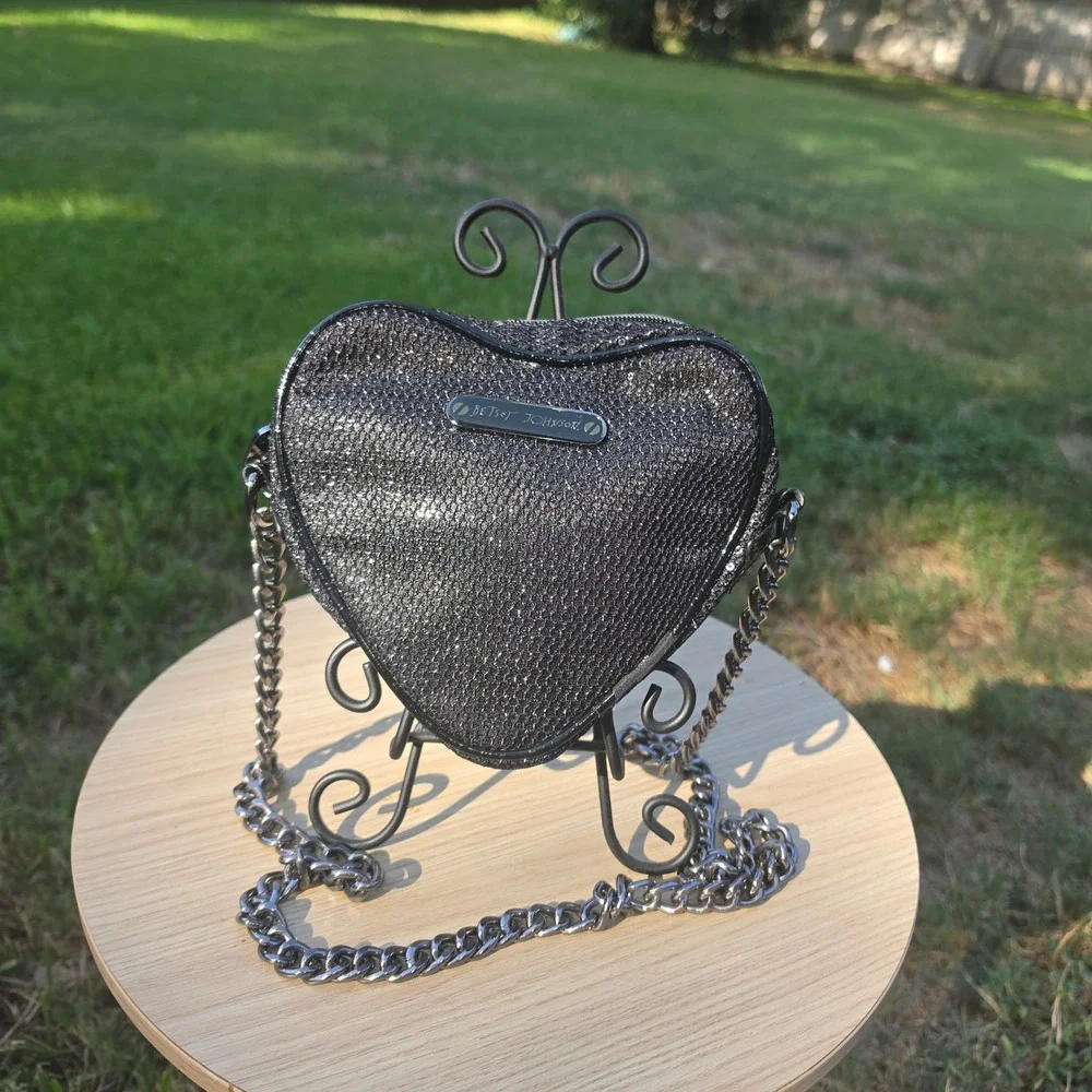 Betsey Johnson Black Sequin Heart Crossbody Bag Gunmetal Chain Strap
